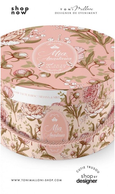 Cutie trusou botez rotunda cu bujori somon si flori de margaritar 1